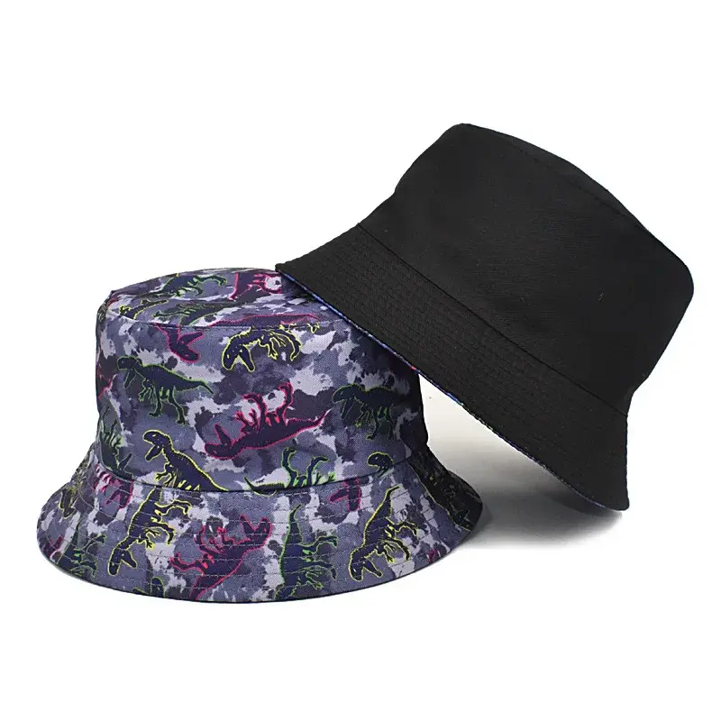 Double-Sided Travel Fisherman Hat Sun Protection Women's Men's Dinosaur Print Bucket Cap Spring Summer Outdoor Hat