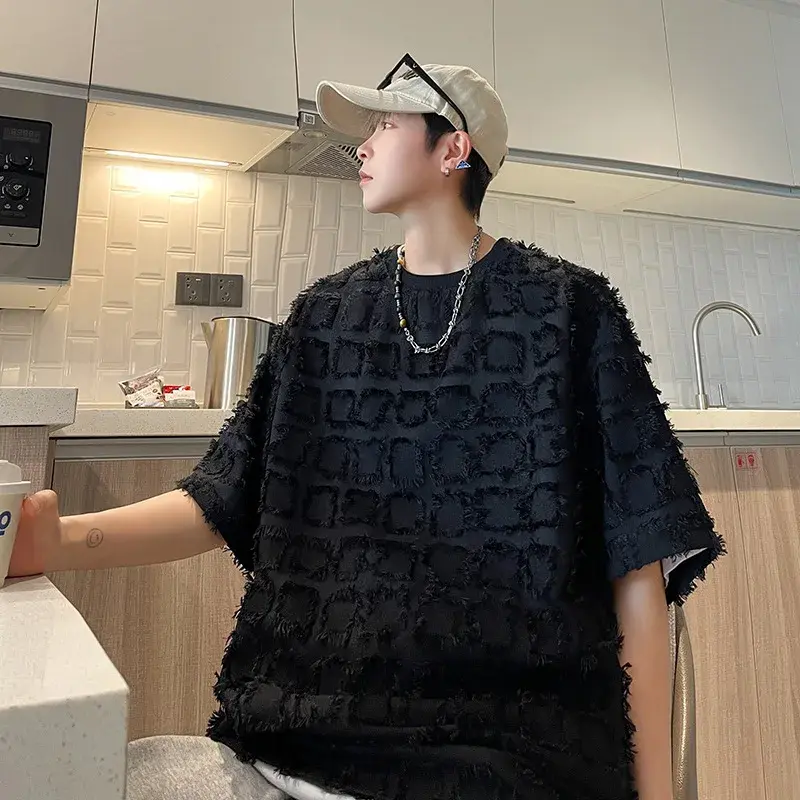 Loose-Fit Black T-Shirt For Men Casual Ins Summer Fashionable Versatile Grid Fabric Top Trendy Chinese Style Five Minute Sleeve