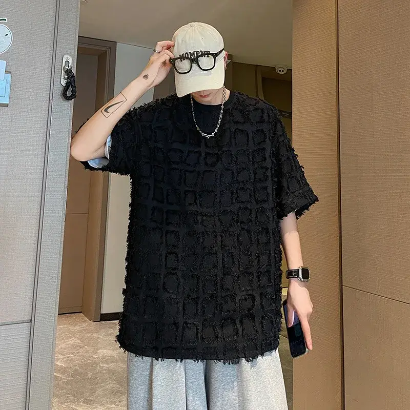 Loose-Fit Black T-Shirt For Men Casual Ins Summer Fashionable Versatile Grid Fabric Top Trendy Chinese Style Five Minute Sleeve
