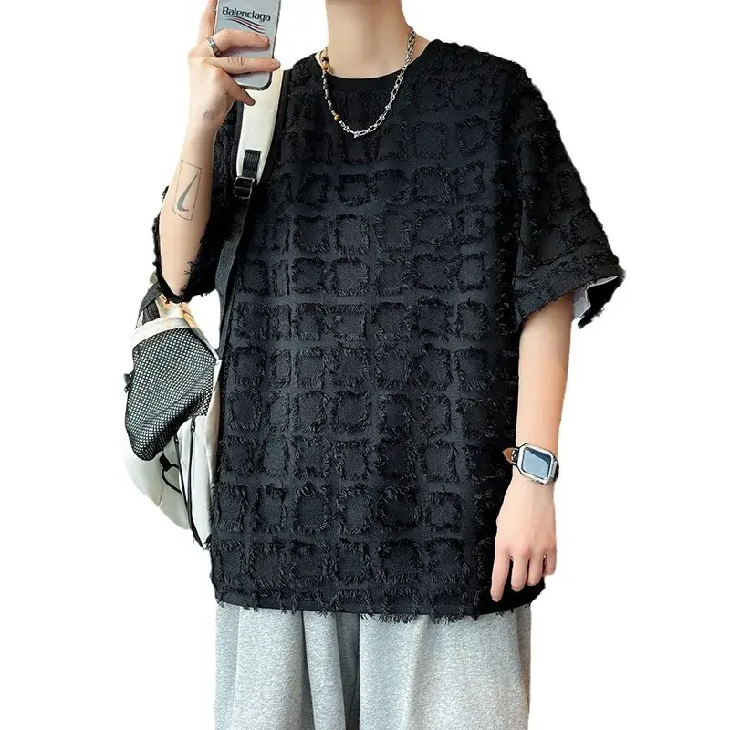 Loose-Fit Black T-Shirt For Men Casual Ins Summer Fashionable Versatile Grid Fabric Top Trendy Chinese Style Five Minute Sleeve