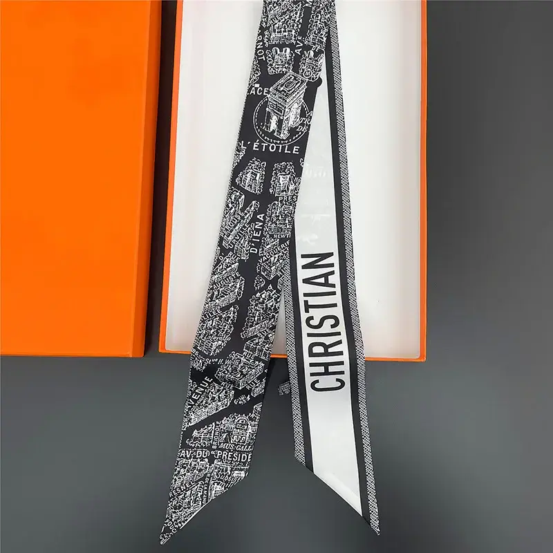 Classic Letter-branded T-series Women's Black Twill Silk Scarf Versatile Hair Tie Small Elegant Bow Scarf Antique Style