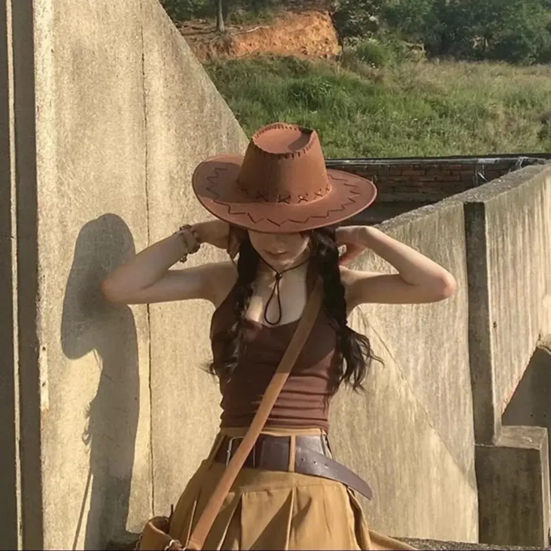 Western Cowboy Hat Travel Casual Men's Sunshade Cap Retro Style Knight Sun Hat for Photography Popular Internet Red Lady