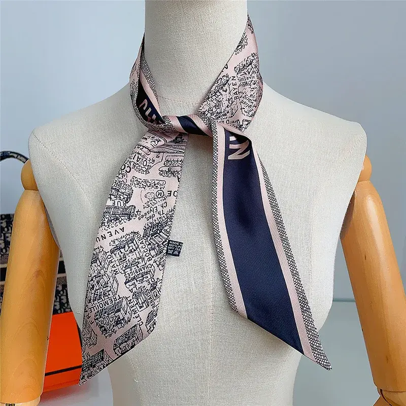 Classic Letter-branded T-series Women's Black Twill Silk Scarf Versatile Hair Tie Small Elegant Bow Scarf Antique Style
