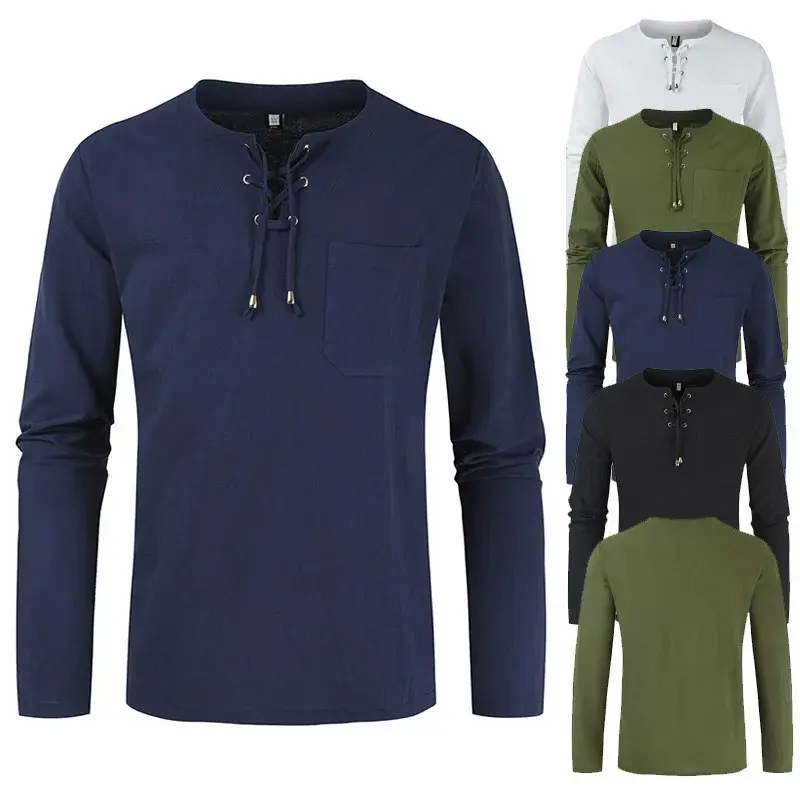 2023 New Spring Summer Cotton Linen Solid Color Shirt Young Long Sleeve Fashionable Loose-Fit Plus Size Men's Top Casual Style