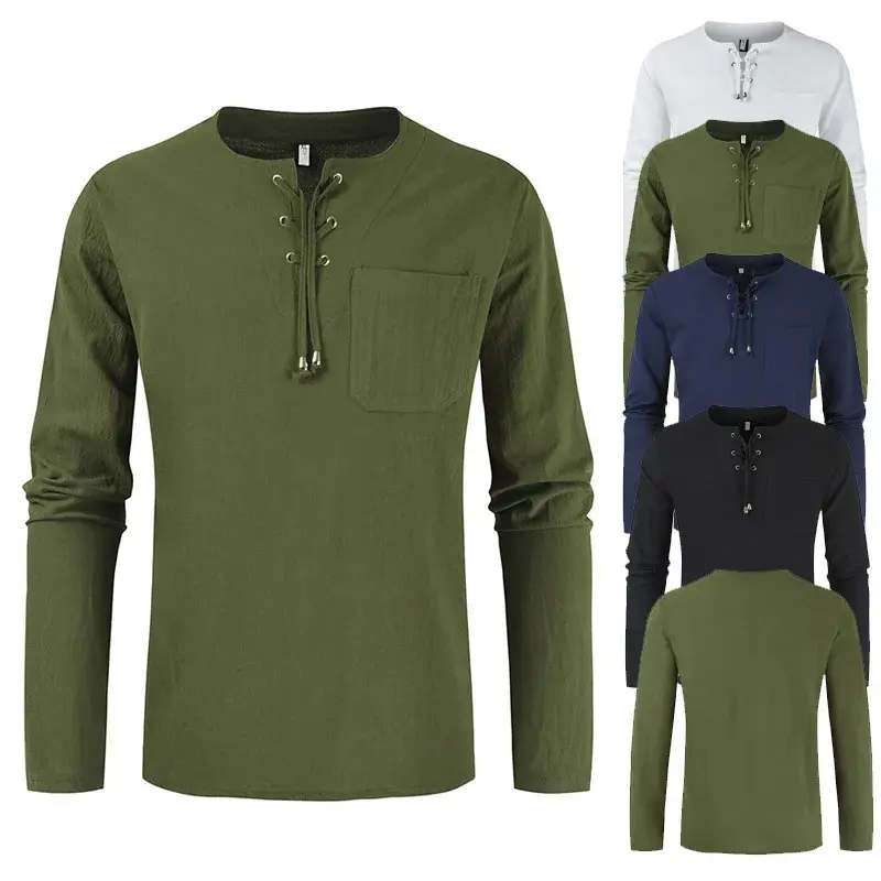2023 New Spring Summer Cotton Linen Solid Color Shirt Young Long Sleeve Fashionable Loose-Fit Plus Size Men's Top Casual Style
