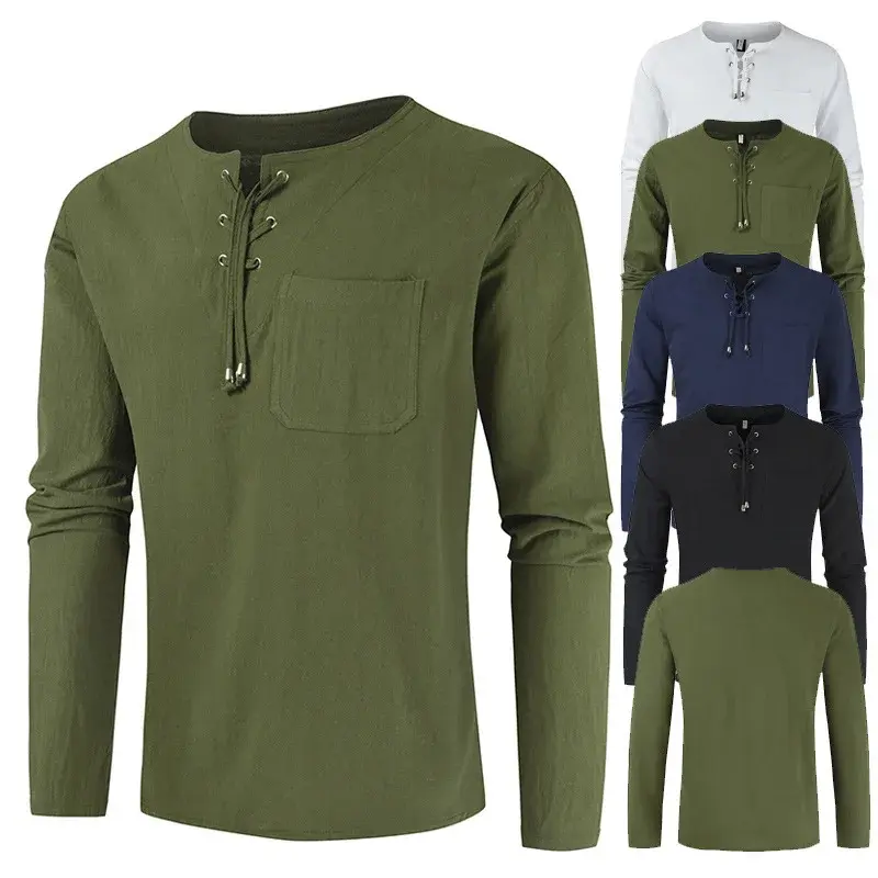 2023 New Spring Summer Cotton Linen Solid Color Shirt Young Long Sleeve Fashionable Loose-Fit Plus Size Men's Top Casual Style