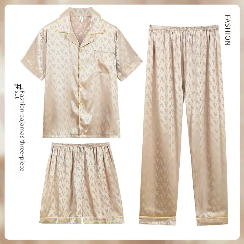 Summer Pajamas Men's Jacquard Ice Silk Short Sleeve Three-piece Set Casual Teenager Simulation Silk Home Wear Outerwear