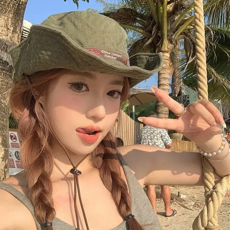 Retro Denim Hiking Hat for Women Outdoor Camping Sun Protection Large Head Size Anti UV Fisherman Cap Washable Lace Net Hat