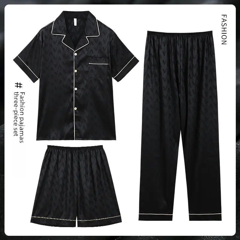 Summer Pajamas Men's Jacquard Ice Silk Short Sleeve Three-piece Set Casual Teenager Simulation Silk Home Wear Outerwear