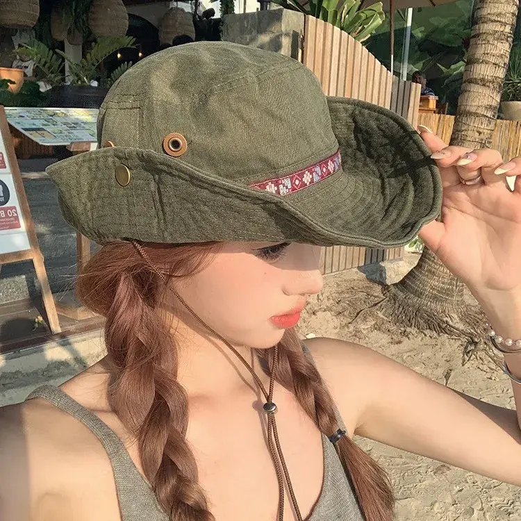 Retro Denim Hiking Hat for Women Outdoor Camping Sun Protection Large Head Size Anti UV Fisherman Cap Washable Lace Net Hat