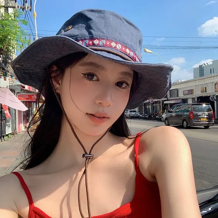 Retro Denim Hiking Hat for Women Outdoor Camping Sun Protection Large Head Size Anti UV Fisherman Cap Washable Lace Net Hat