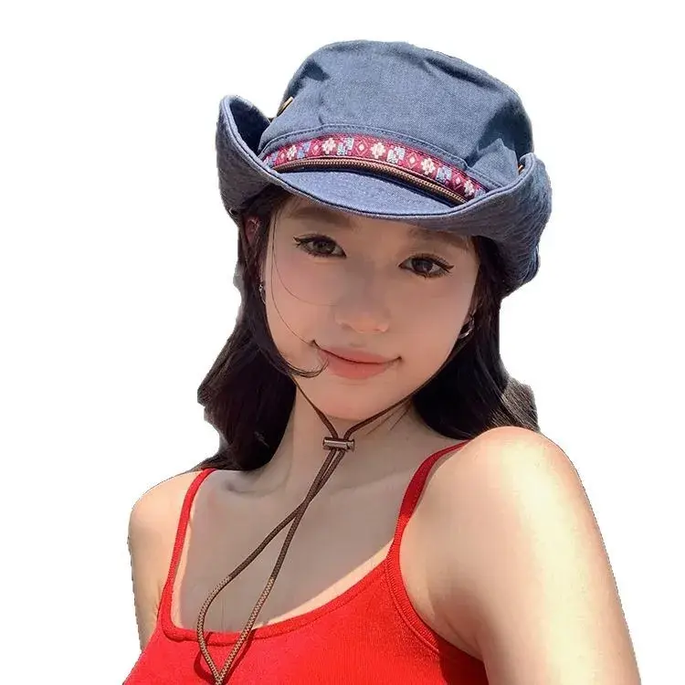 Retro Denim Hiking Hat for Women Outdoor Camping Sun Protection Large Head Size Anti UV Fisherman Cap Washable Lace Net Hat