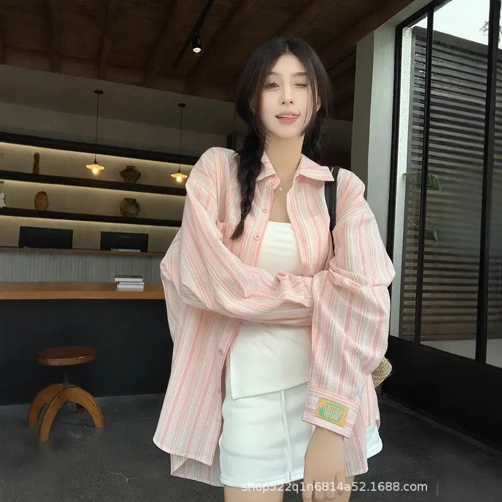 Thin Long Sleeve POIO Collar Shirt Loose Lazy Style Sun Protection Mid-Length Small Outerwear Spring Autumn Season Striped
