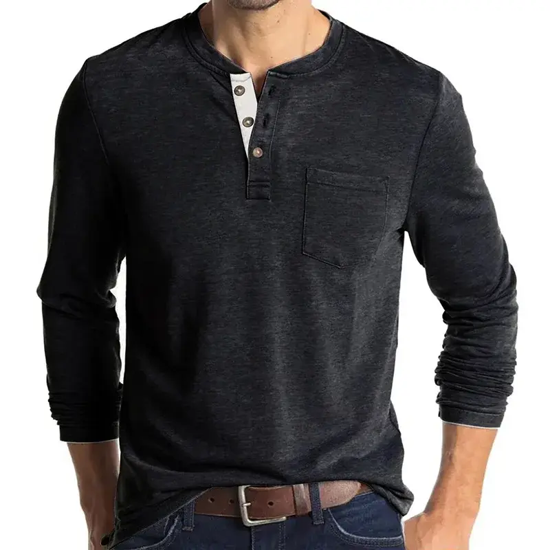 European And American Men's Long Sleeve Round Neck T-Shirt Amazon Men's Base Layer Top Foreign Trade Men's T-Shirt Henry Collar 