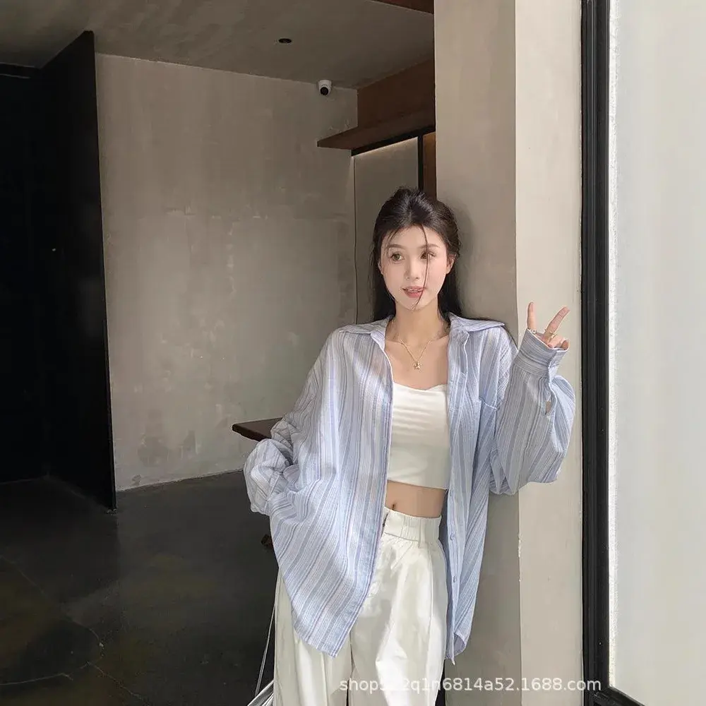 Thin Long Sleeve POIO Collar Shirt Loose Lazy Style Sun Protection Mid-Length Small Outerwear Spring Autumn Season Striped