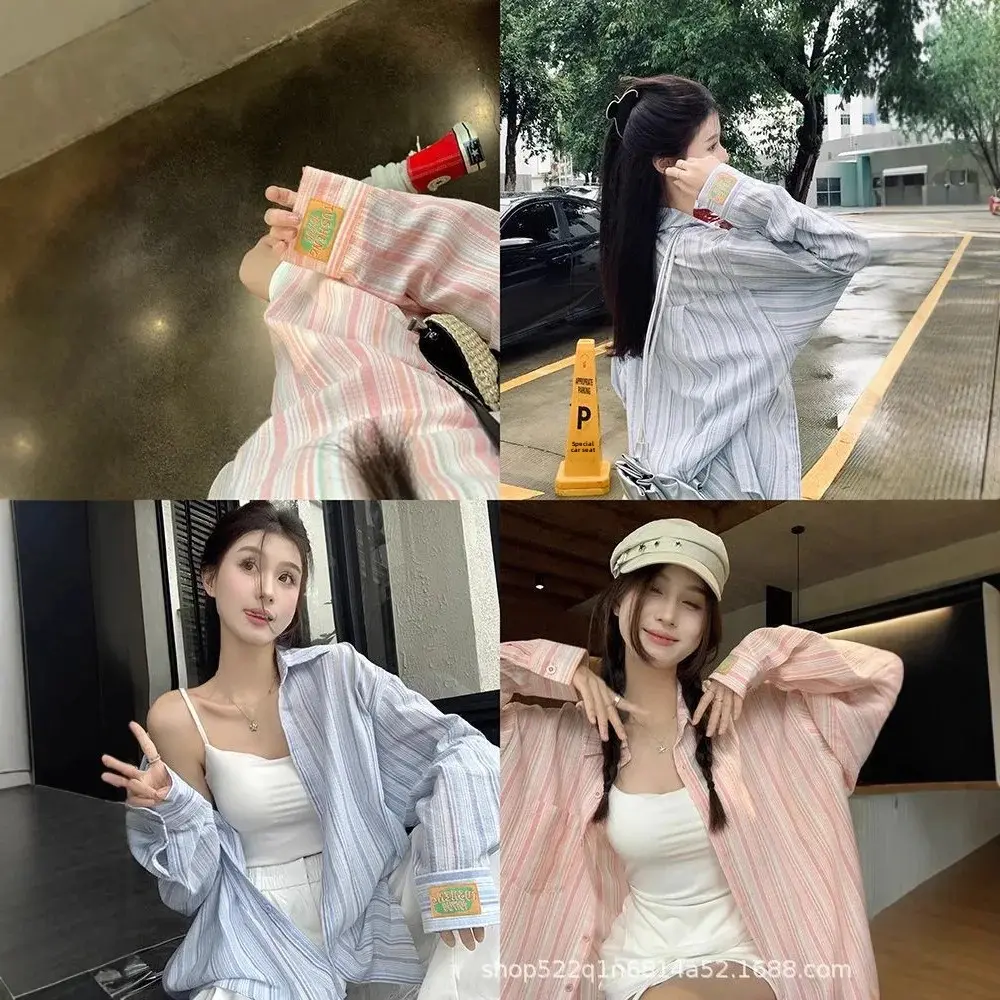 Thin Long Sleeve POIO Collar Shirt Loose Lazy Style Sun Protection Mid-Length Small Outerwear Spring Autumn Season Striped
