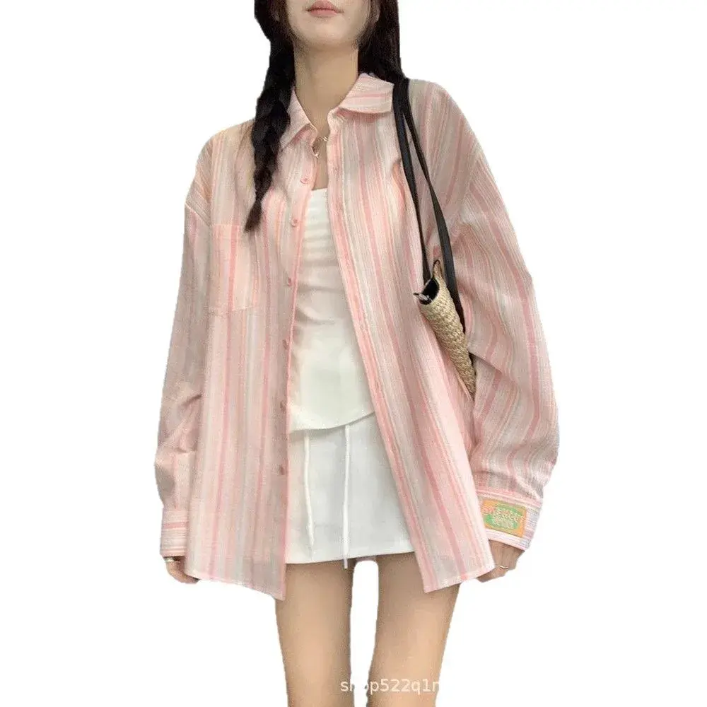 Thin Long Sleeve POIO Collar Shirt Loose Lazy Style Sun Protection Mid-Length Small Outerwear Spring Autumn Season Striped