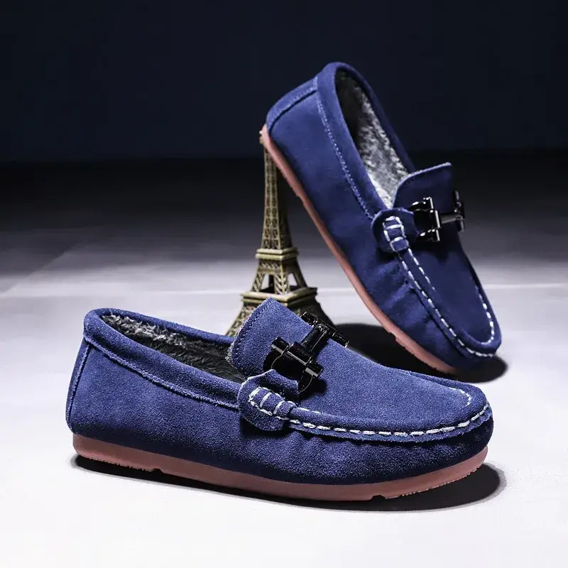 Children's Trendy Thickened Fleece Shoes Four Seasons Bean Shoes Mid to Large Children Autumn Winter British Style Leather Shoes