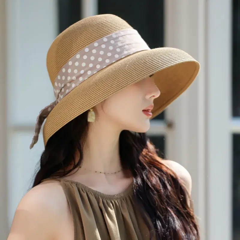 Summer New Polka Dot Ribbon Women's Sun Hat Hepburn Style Raffia Straw Hat Travel Sunscreen Anti-UV Hat Casual Fashion Cap
