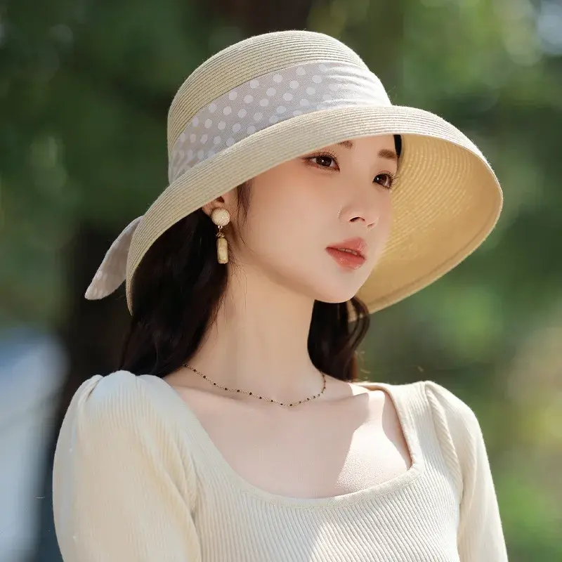 Summer New Polka Dot Ribbon Women's Sun Hat Hepburn Style Raffia Straw Hat Travel Sunscreen Anti-UV Hat Casual Fashion Cap