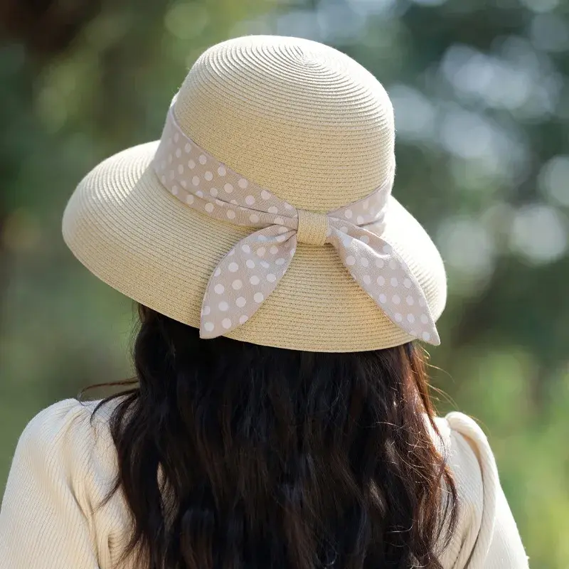 Summer New Polka Dot Ribbon Women's Sun Hat Hepburn Style Raffia Straw Hat Travel Sunscreen Anti-UV Hat Casual Fashion Cap