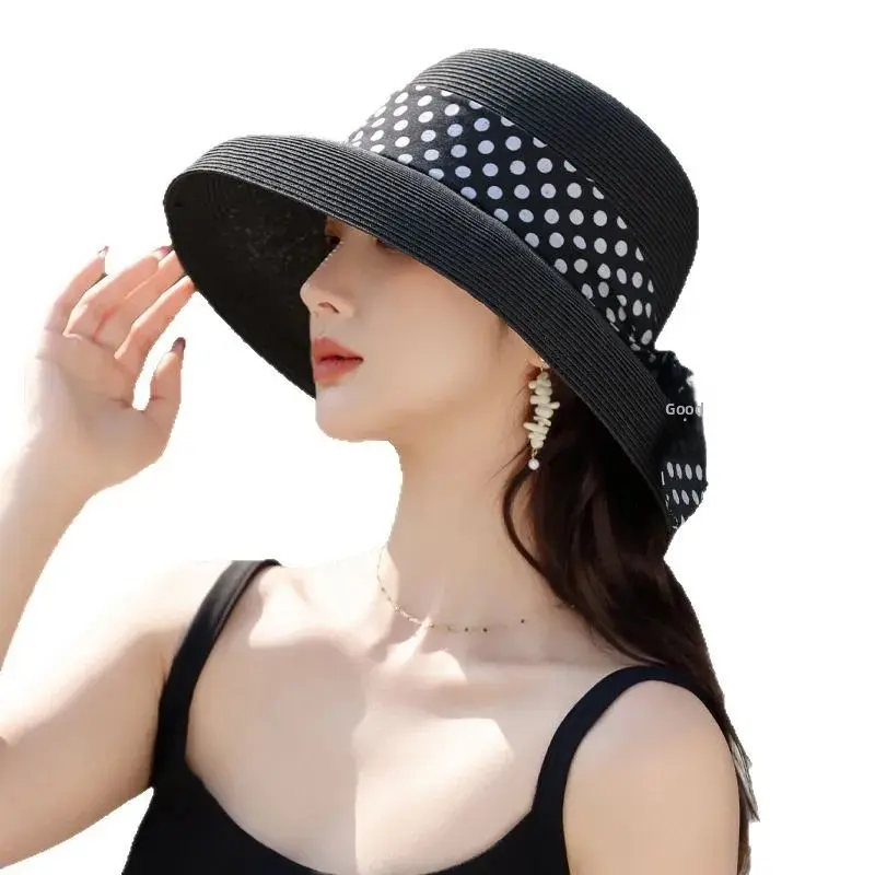 Summer New Polka Dot Ribbon Women's Sun Hat Hepburn Style Raffia Straw Hat Travel Sunscreen Anti-UV Hat Casual Fashion Cap