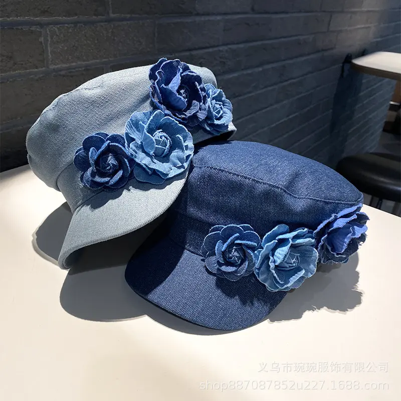 Summer Denim Flat Top Hats for Women Floral Collision Color Big Head Circumference Stylish Face Slimming Sun Protection Painter 