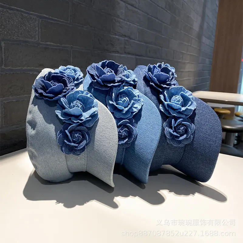 Summer Denim Flat Top Hats for Women Floral Collision Color Big Head Circumference Stylish Face Slimming Sun Protection Painter 