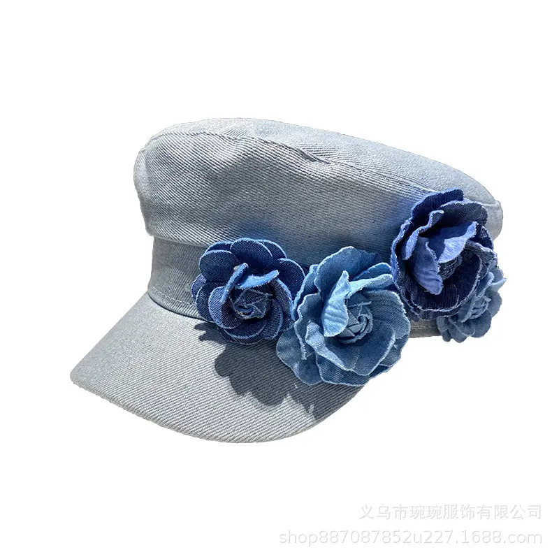Summer Denim Flat Top Hats for Women Floral Collision Color Big Head Circumference Stylish Face Slimming Sun Protection Painter 