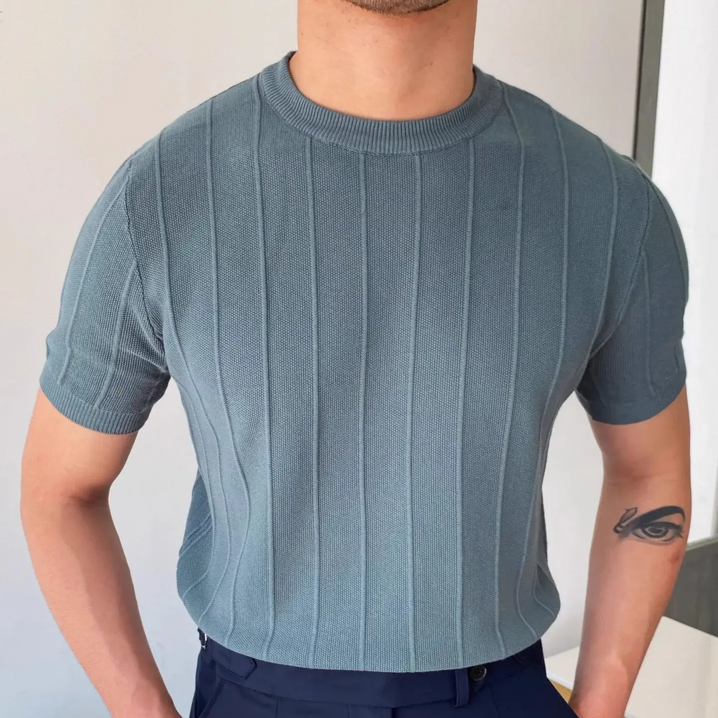 Luxury Knit T-Shirt Men's Summer New Style Round Neck Half Sleeve Thin Korean Version Base Layer Top Yarn