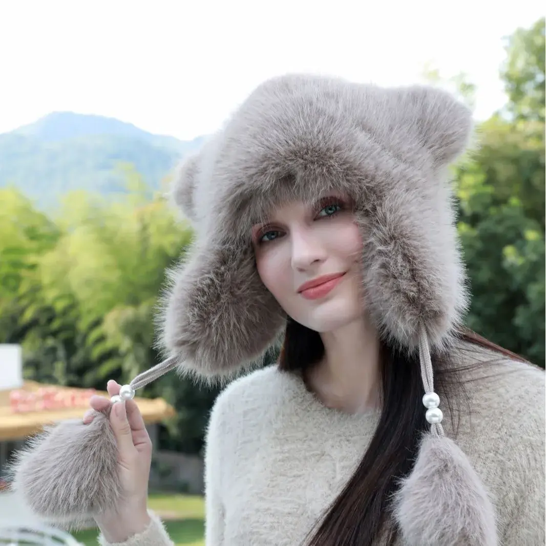 Fashionable Knitted Plush Fox Hat Winter Ear Flap Hat Fleece Lined Cat Ears with Bell Hanging Ball Hat Versatile Accessory