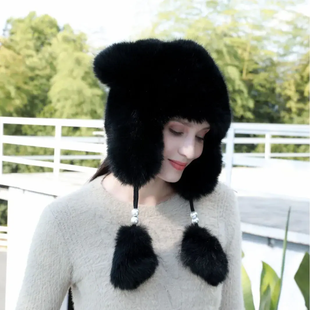 Fashionable Knitted Plush Fox Hat Winter Ear Flap Hat Fleece Lined Cat Ears with Bell Hanging Ball Hat Versatile Accessory
