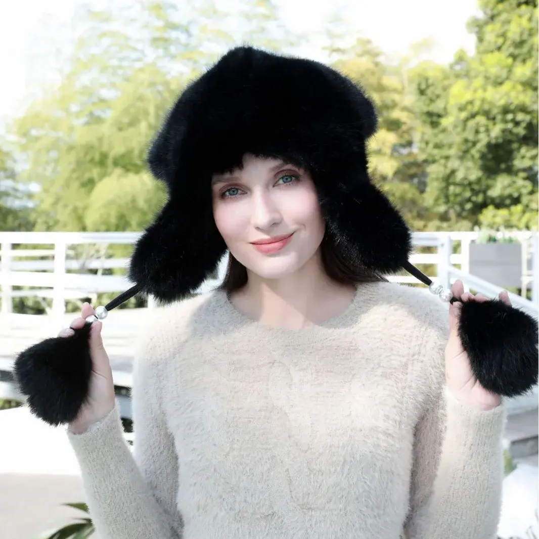 Fashionable Knitted Plush Fox Hat Winter Ear Flap Hat Fleece Lined Cat Ears with Bell Hanging Ball Hat Versatile Accessory