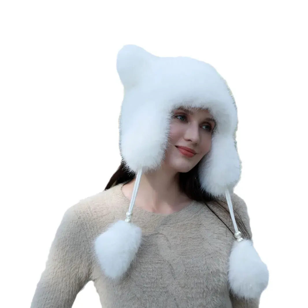 Fashionable Knitted Plush Fox Hat Winter Ear Flap Hat Fleece Lined Cat Ears with Bell Hanging Ball Hat Versatile Accessory