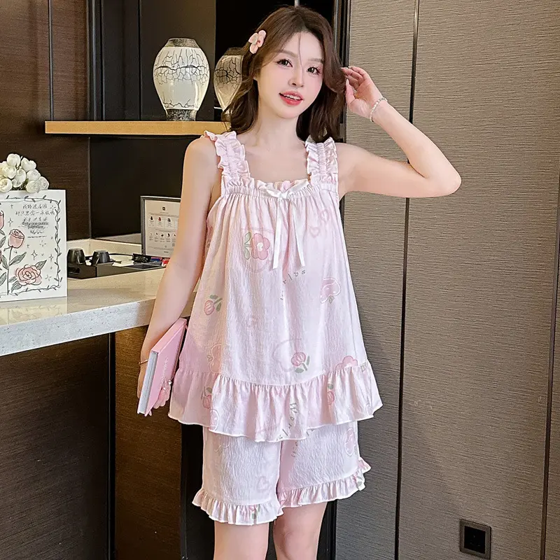 Women's Summer Tankshorts Pajama Set Chest Pad Thin Cloud Cotton Sweetcute Fairy Style For Outer Wear Homewear