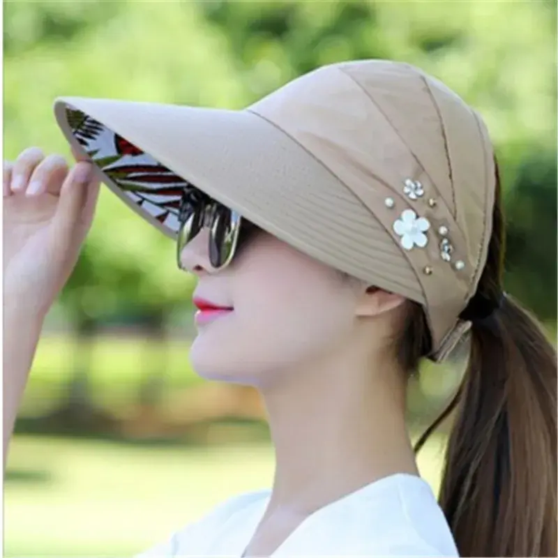 Women's Summer Sun Protection Foldable Outdoor Beach Hat Wide Brim Empty Top Cap for Cycling And Beach Activities