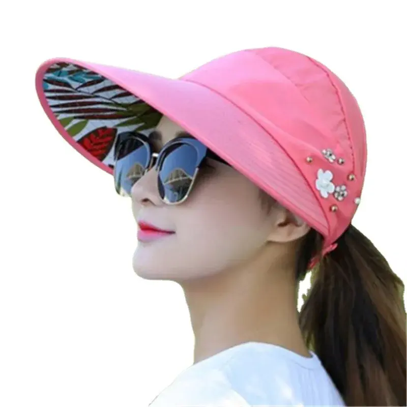 Women's Summer Sun Protection Foldable Outdoor Beach Hat Wide Brim Empty Top Cap for Cycling And Beach Activities