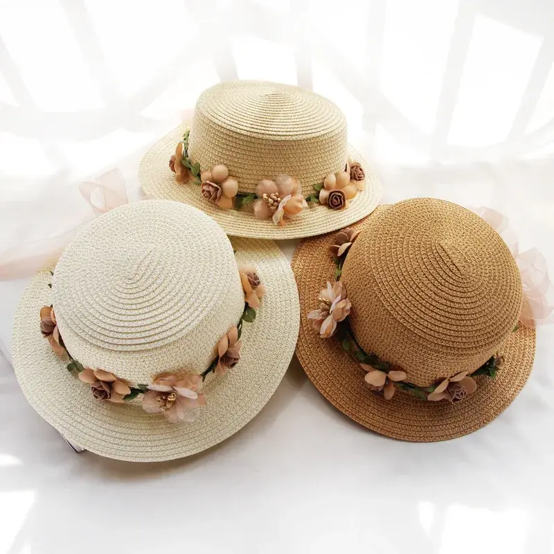 Summer Women's Straw Hat Foldable Flat Top Beach Sun Hat Floral Ring Outdoor Hat Korean Style Hat Sun Protection Hat