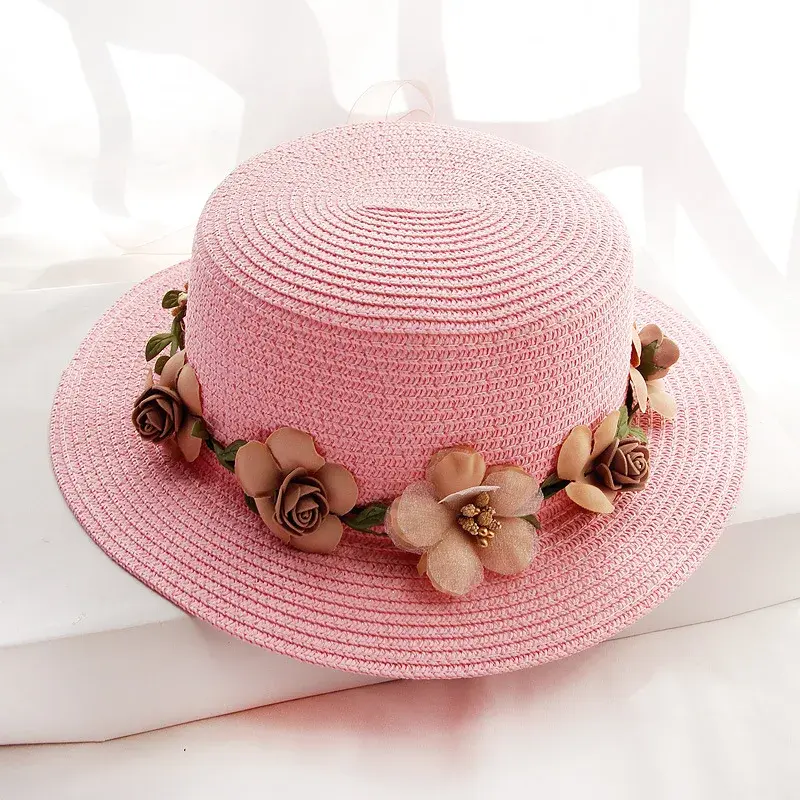 Summer Women's Straw Hat Foldable Flat Top Beach Sun Hat Floral Ring Outdoor Hat Korean Style Hat Sun Protection Hat