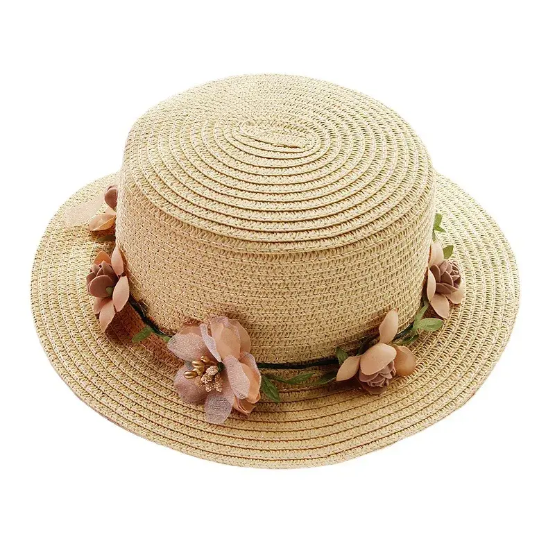 Summer Women's Straw Hat Foldable Flat Top Beach Sun Hat Floral Ring Outdoor Hat Korean Style Hat Sun Protection Hat