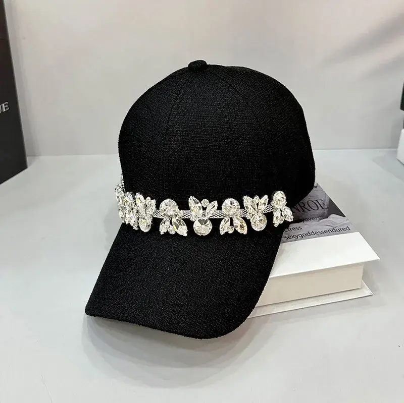 Black Diamond Baseball Cap Women's Fashionable Korean Style Hard Top Hat Face Slimming Solid Color Sun Protection Cap