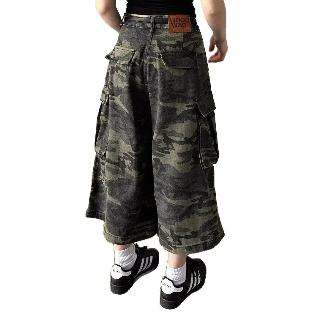 American Retro Camouflage Loose Wide Leg Work Pants Multi-Pocket Pleated Street Style Casual Seven-Foot Shorts