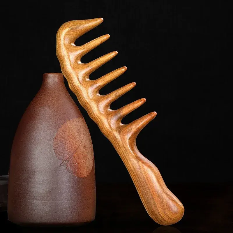Gold Thread Sandalwood Massage Comb Wide Tooth Handle Meridian Stimulation Scalp Neck Gua Sha Professional Hair Salon Tool