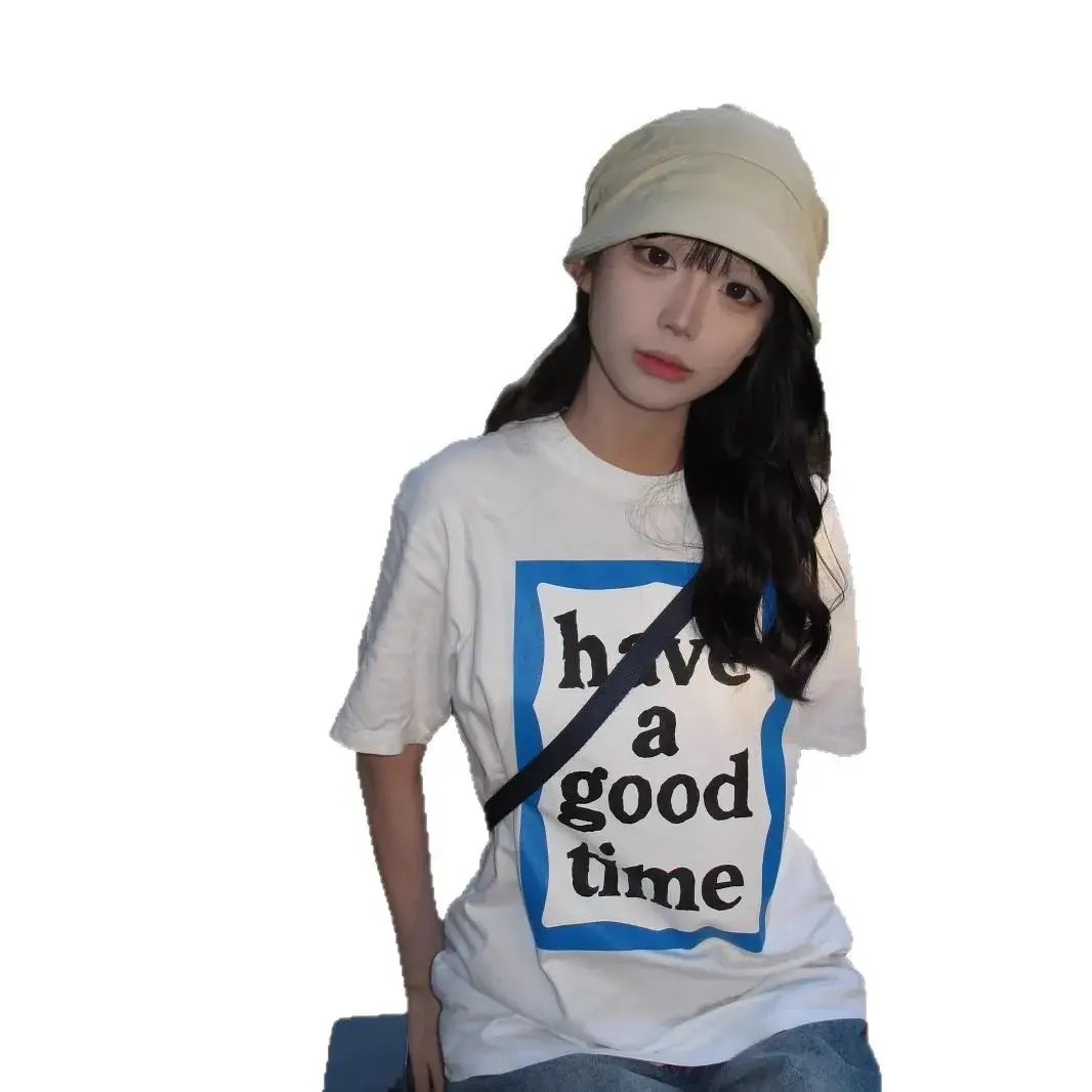 Retro American Short Sleeve T-Shirt Women Loose Fit Summer New Style Simple Casual Color Block Korean Style Crew Neck Top