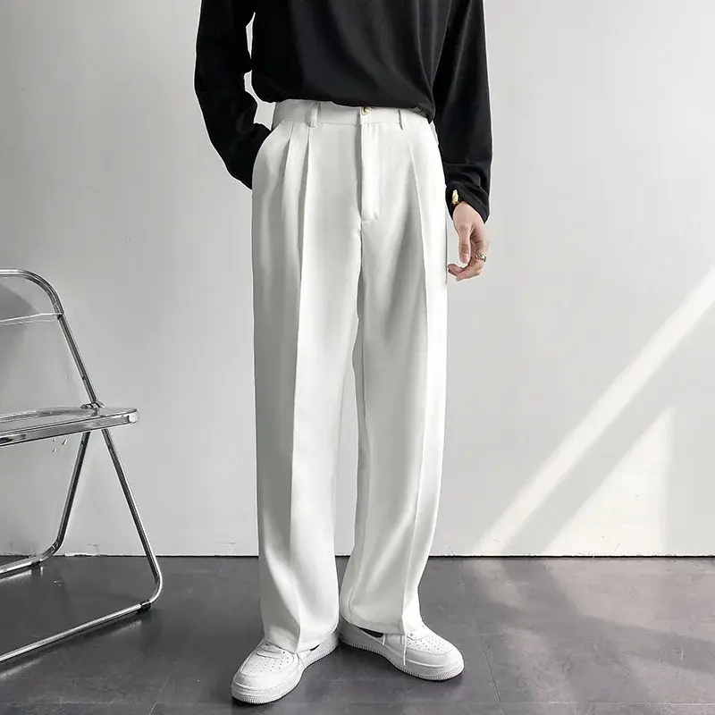 Spring Autumn Korean Style Men's Straight-leg Suit Pants Loose-fit Casual White Wide-leg Trousers Drag-ground Pants