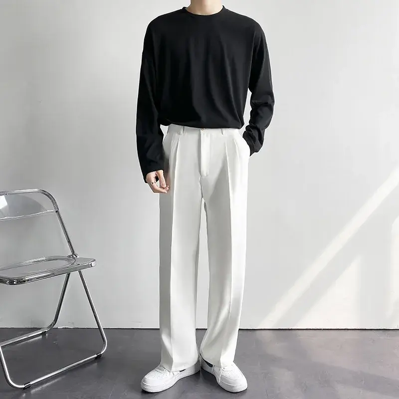 Spring Autumn Korean Style Men's Straight-leg Suit Pants Loose-fit Casual White Wide-leg Trousers Drag-ground Pants