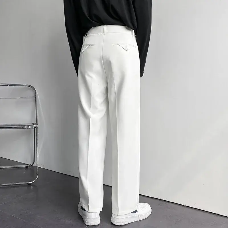 Spring Autumn Korean Style Men's Straight-leg Suit Pants Loose-fit Casual White Wide-leg Trousers Drag-ground Pants