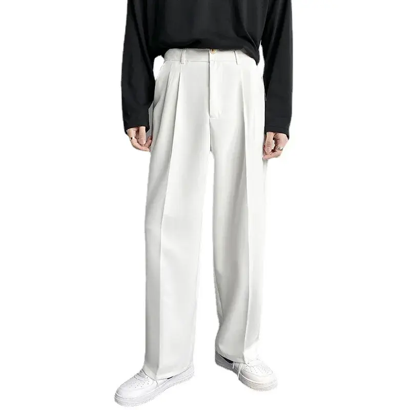 Spring Autumn Korean Style Men's Straight-leg Suit Pants Loose-fit Casual White Wide-leg Trousers Drag-ground Pants