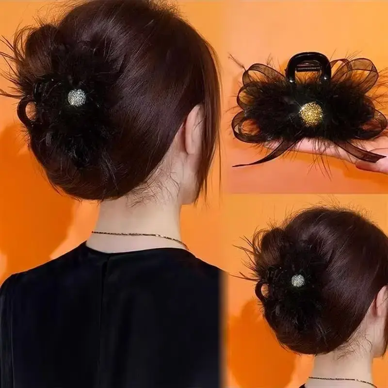 Black Feather Butterfly Knot Hair Clip Mesh Shark Clamp Versatile Hair Accessories for Updos Professional Salon Hairpins