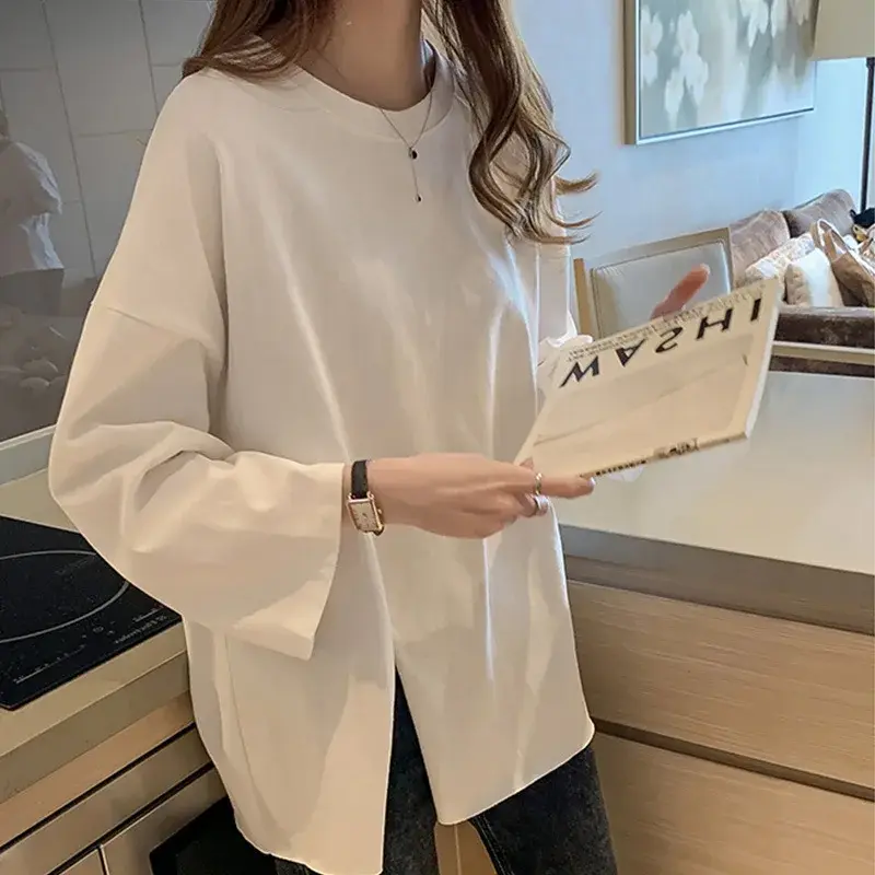 Elegant Autumn Women's T-shirt Long Sleevet Loose-fit Versatile Niche Design Sensibility Irregular Base Layer Top